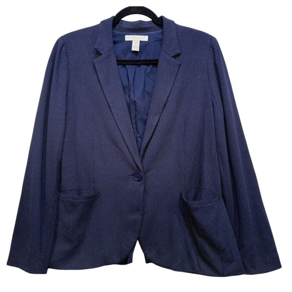 Chicos Womens Knit Polka Dot Blazer Size 1 (8/10)Navy White Blue Stretch - Picture 1 of 9